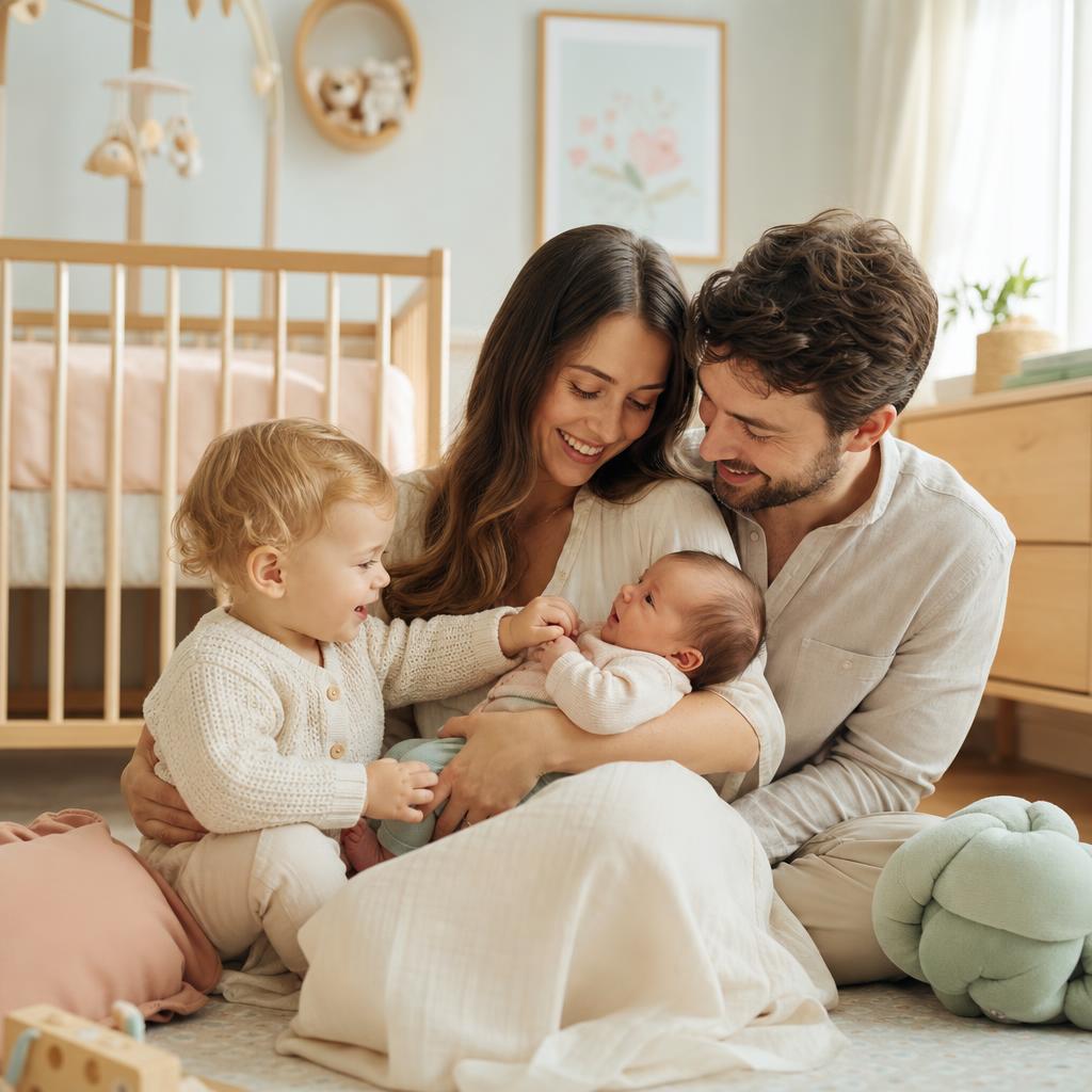 Mamá, papá y dos bebés disfrutando un momento juntos en el nursery